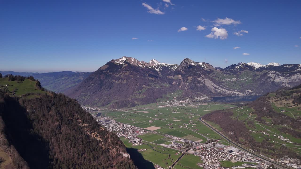 Glarus Switzerland aerial drone city landscape Swiss mountains highlands