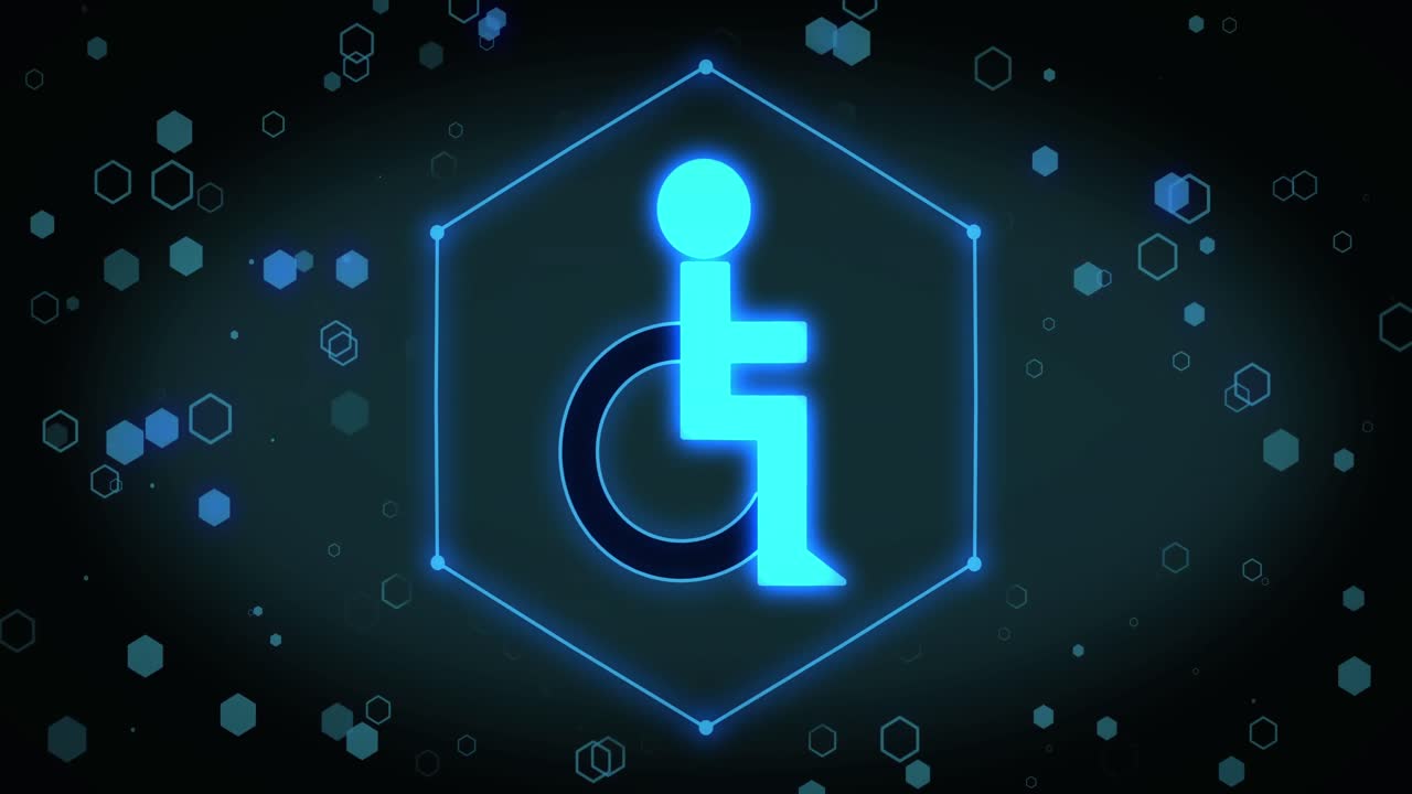 Animation of disabled person icon over hexagons on black background