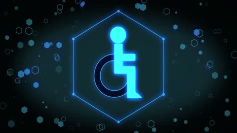 animation of disabled person icon over hexagons on black background