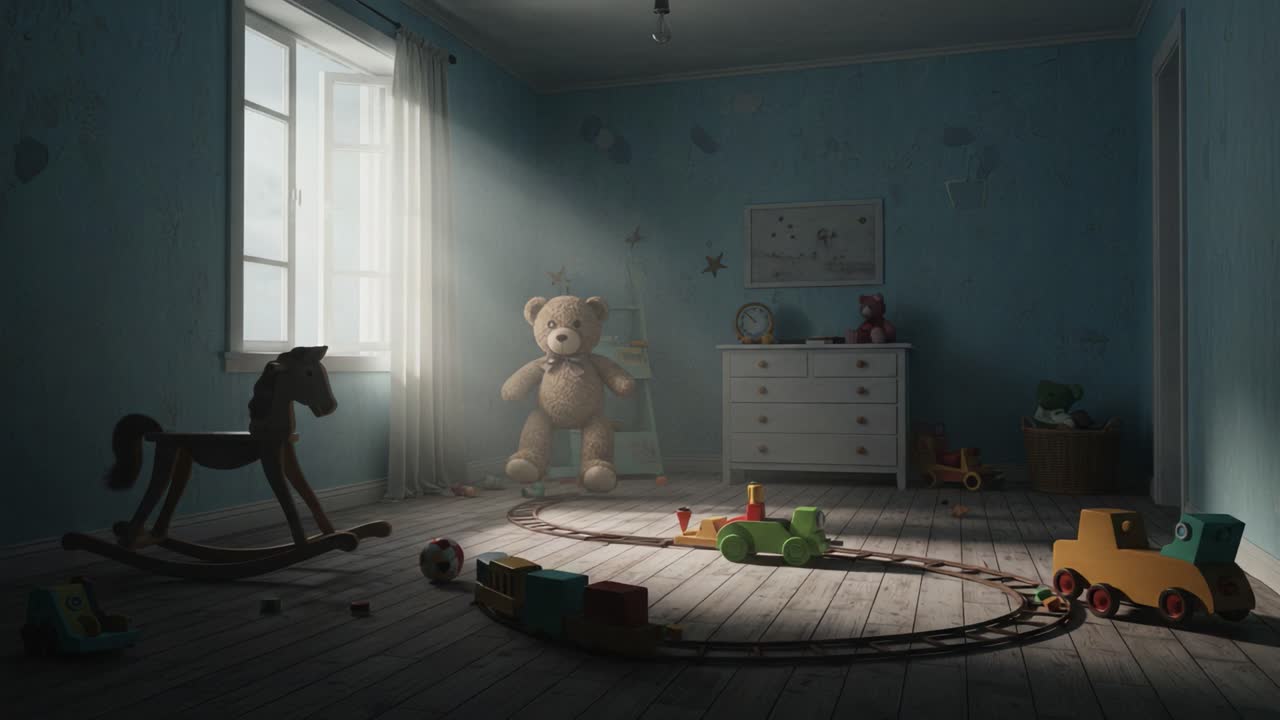 A Serene Moment in a Lonely Child's Room with a Gentle Teddy Bear and Colorful Toys, Capturing the Essence of Innocent Playfulness and Imagination