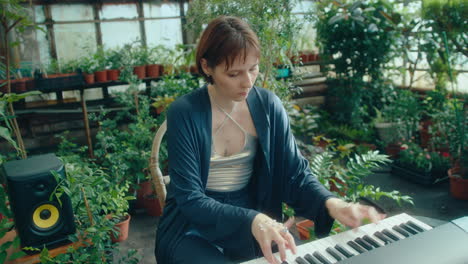Female Pianist Playing Keyboard in Botanical Garden Greenhouse