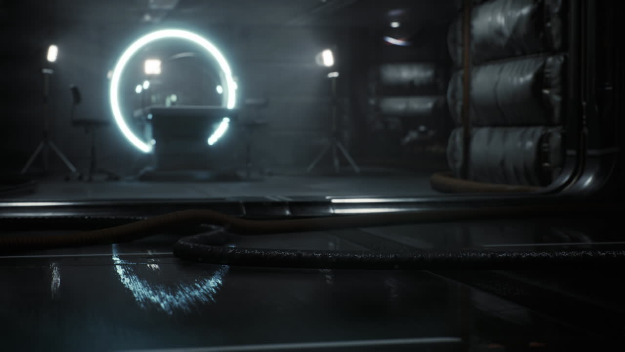 A futuristic laboratory with glowing equipment and reflective surfaces at night