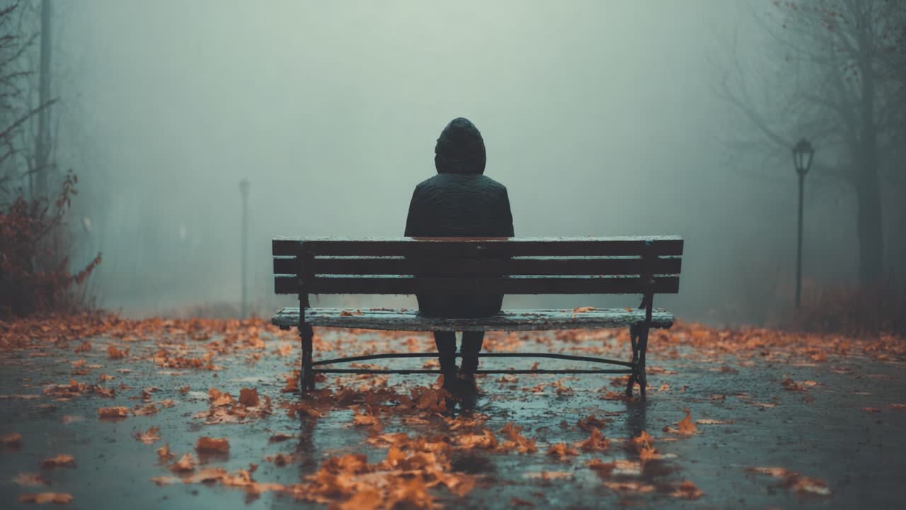 A solitary figure in a hooded jacket reflects on life while seated on a bench amidst the foggy and melancholic atmosphere of a park strewn with autumn leaves