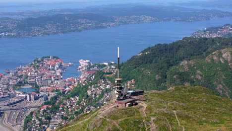 drone shot from mount ulriken in bergen, norway on a beautiful summer day