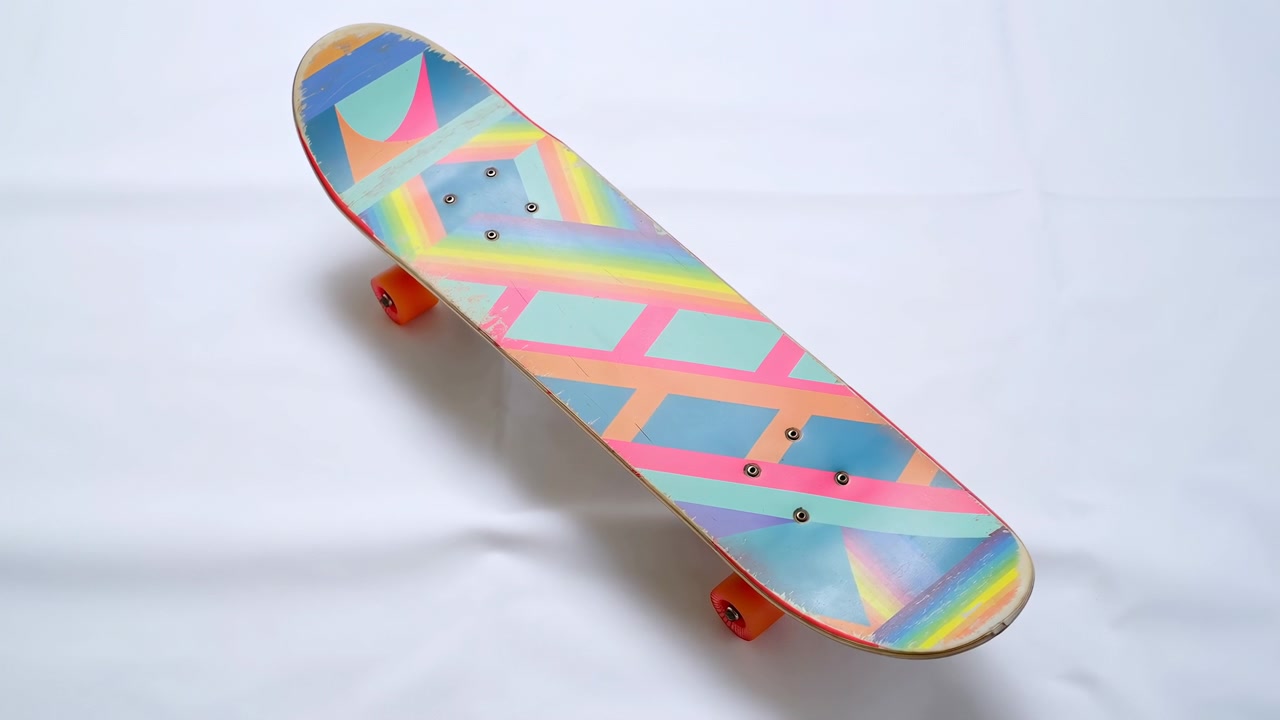 Papan skateboard warna-warni dengan garis dan segitiga geometris pastel diletakkan secara diagonal di permukaan studio putih tanpa sambungan. Roda oranye dan perak yang terlihat.