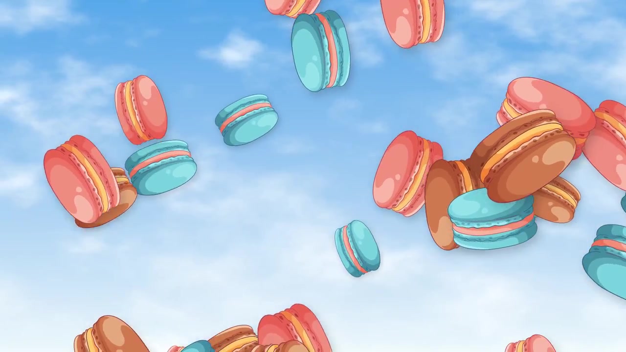 Animated colorful macarons fall and tumble against a bright blue sky with soft clouds.