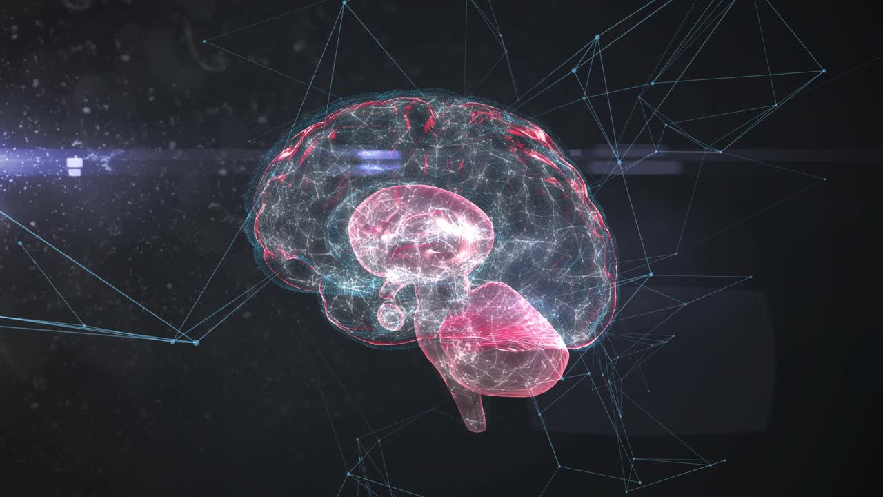 Incoming badges flowing into rotating wire brain, updating counts, grouping to show engagement