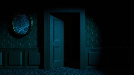 a door opens slowly in the dark creepy corridor 3d 4k animation