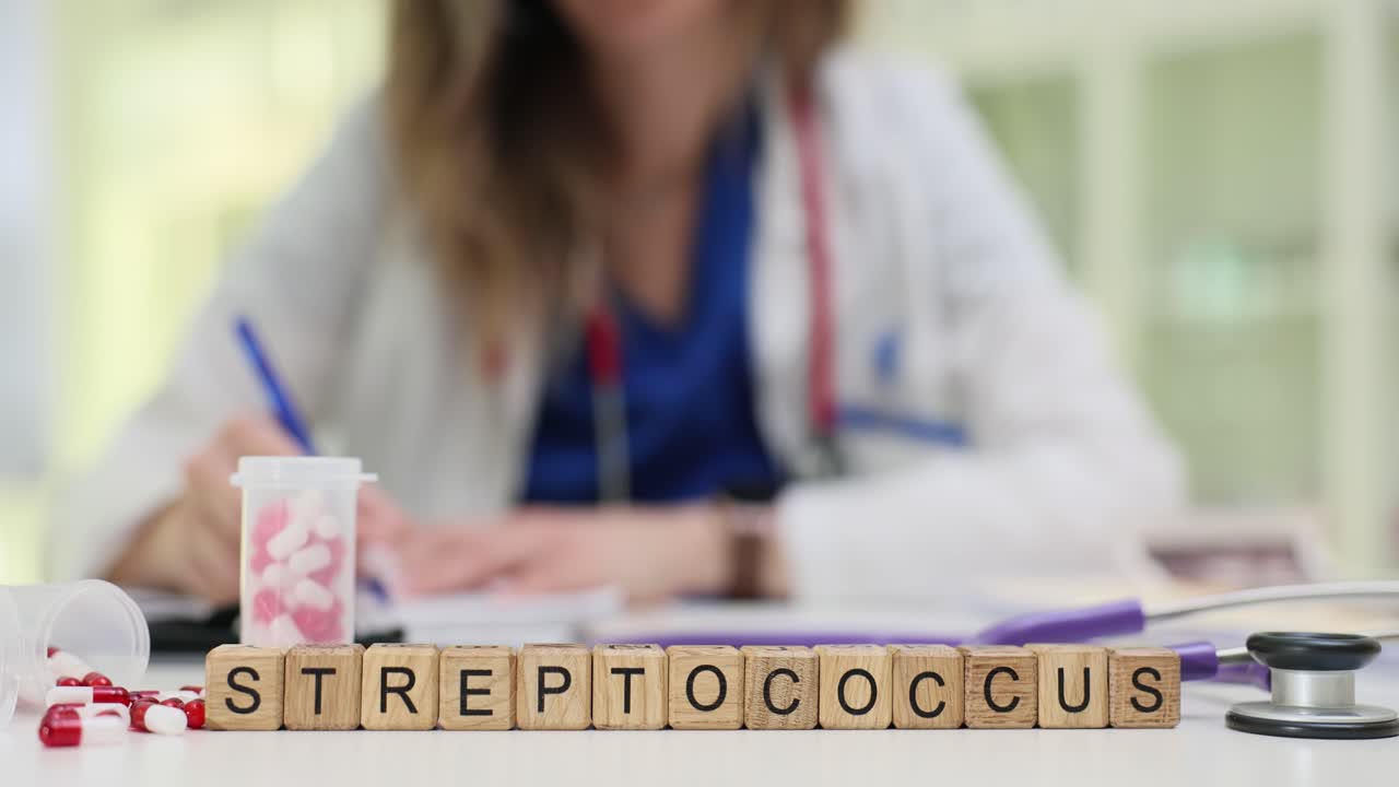 Parola 'Streptococco' su blocchi con professionista medico che scrive