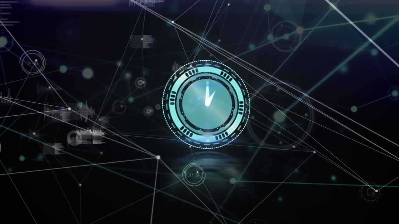 Neon clock ticking over network of connections and data processing on black background