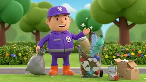 animated character depicting recycling efforts: a friendly waste collector with a bag and a full recycling bin surrounded by lush greenery and colorful flowers