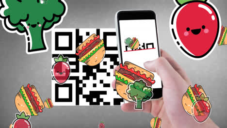 animación del código qr, los iconos de los teléfonos inteligentes y los alimentos