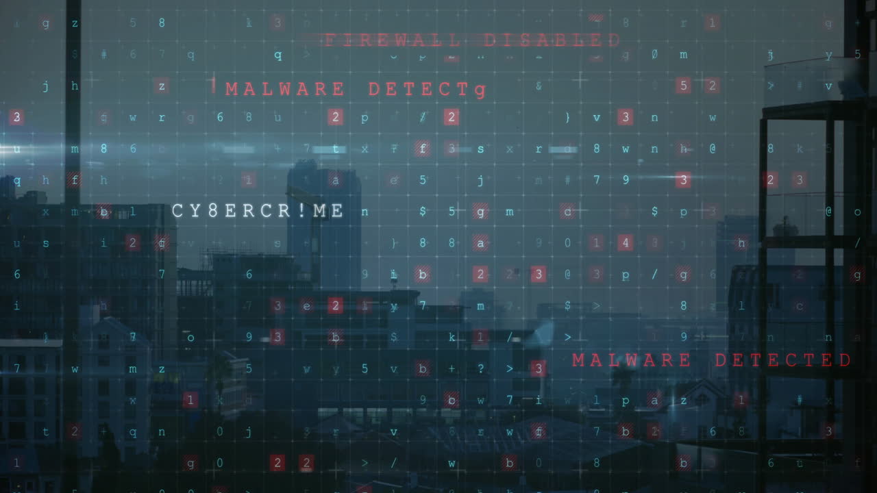 Cybersecurity threat detection animation over cityscape with warning messages