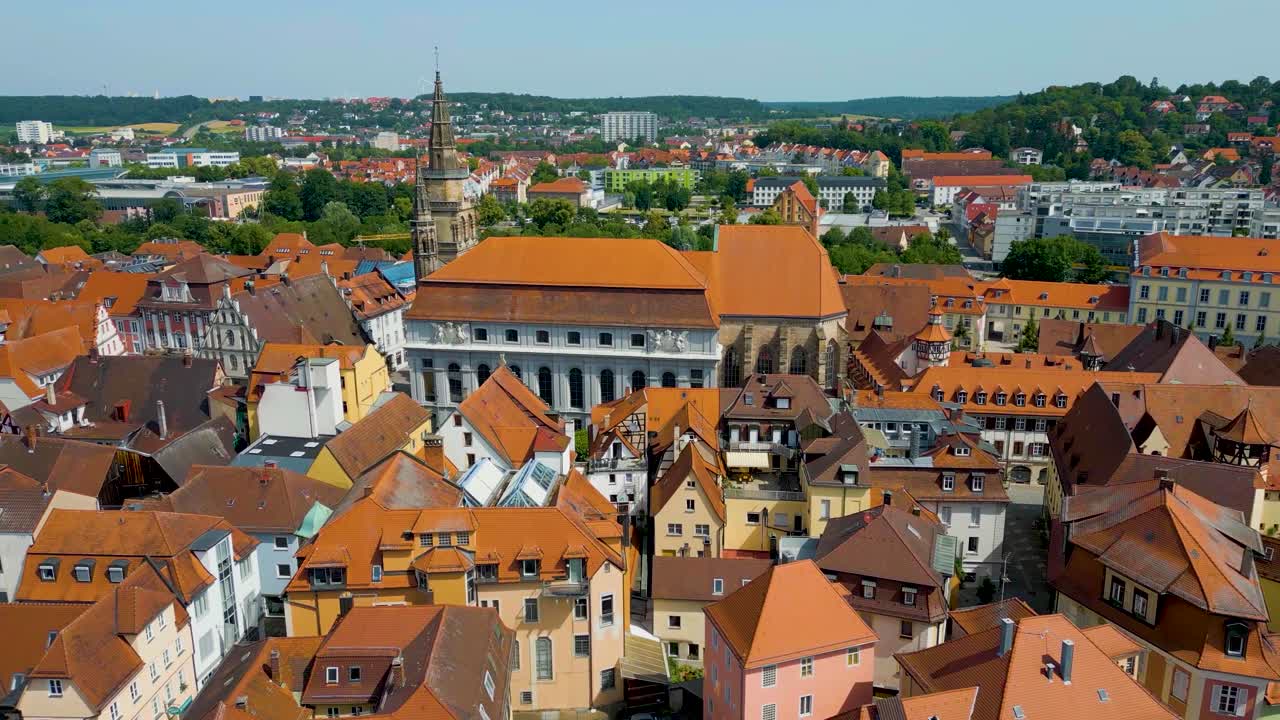 4K Aerial Drone Video of the Kirche St. Gumbertus Church in Downtown Ansbach, Germany