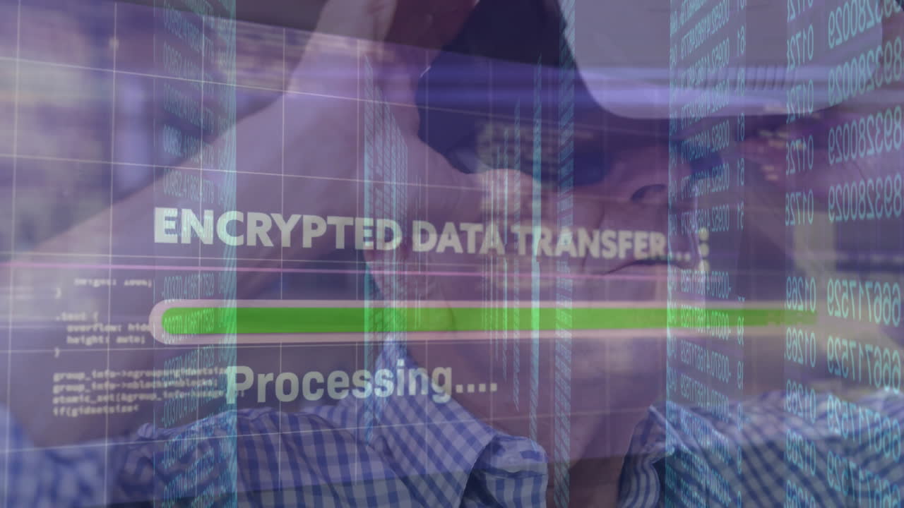 animación del procesamiento de datos sobre el hombre caucásico mayor usando auriculares vr