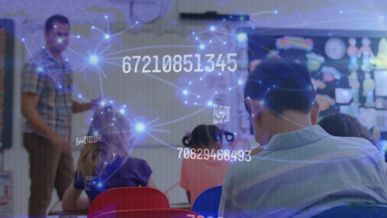 학교에서 학생들을 가르치는 두 인종의 남성 교사에 대한 연결 네트워크의 활성화