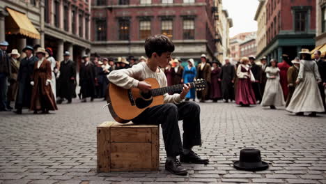 boy playing guitar in a historic street scene