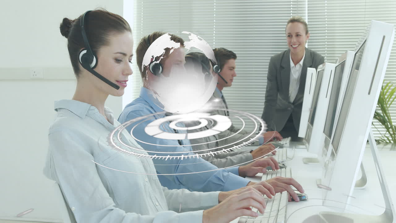 헤드 ⁇ 을 착용한 웃는 백인 사무실 직원들에 대한 연결 네트워크의 애니메이션