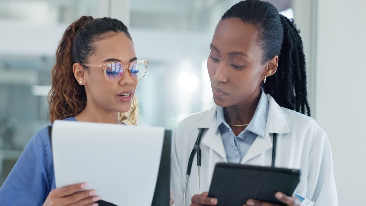 Doctors, team documents and tablet for medical