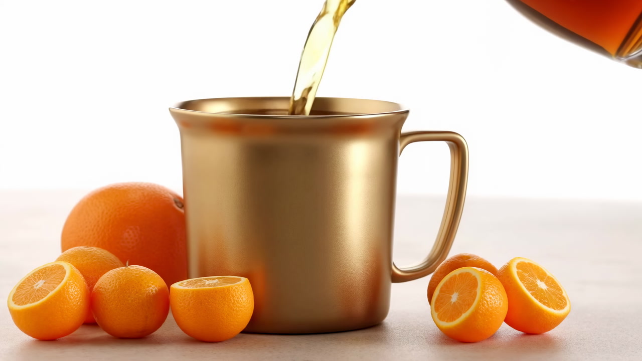 Gold Mug Pouring Tea With Oranges Closeup Studio Still Life Showing Amber Tea Poured Into Metallic Gold Mug,