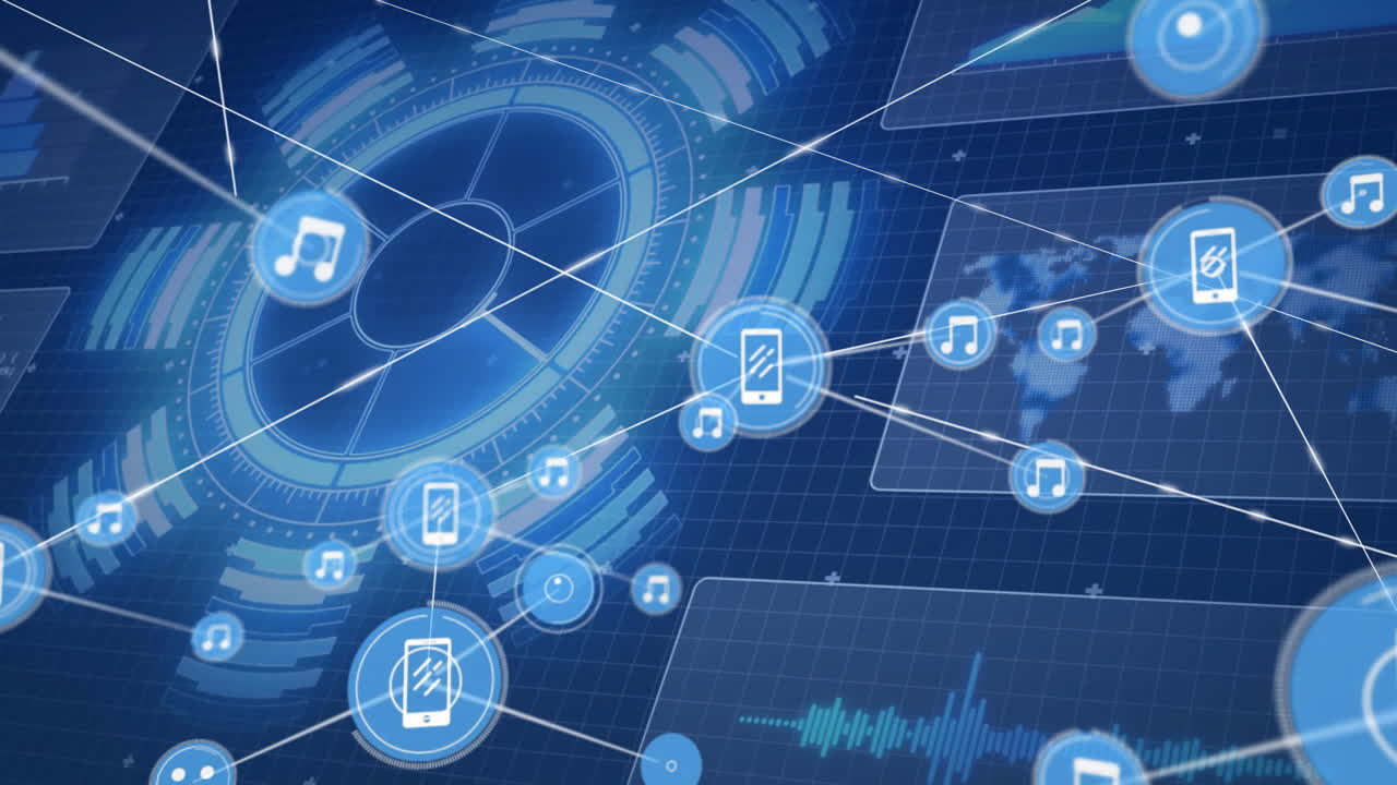 Connected digital devices and music icons, data network animation, blue background