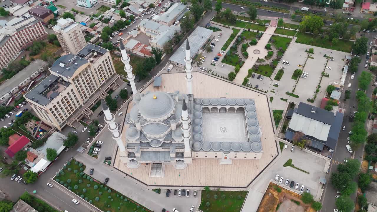 Top Down Aerial drone fly Bishkek Central Mosque – Ottoman Style Mosque in Kyrgyzstan