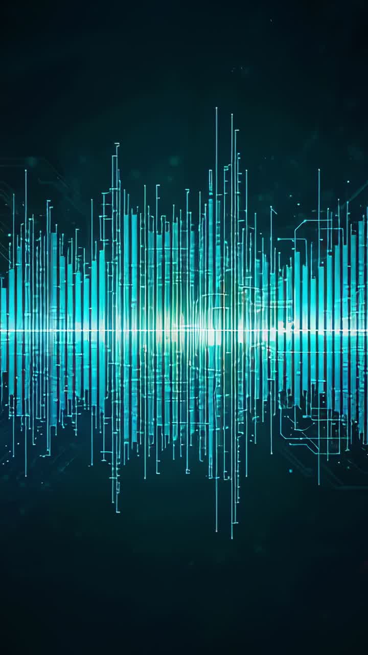 Vertical video: Pulsing teal mirrored waveform with circuits reacting to central glow in HUD