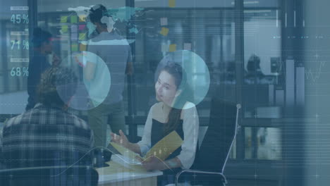 Animation of infographic interface over diverse woman explaining reports to coworkers in office