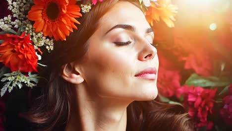 a woman with a flower crown on her head surrounded by flowers