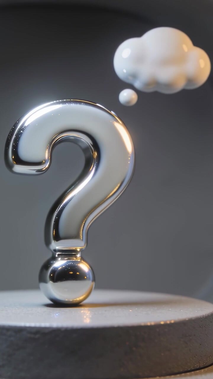 Vertical video: Shifting light causing metal question mark zooming in studio thought cloud bobbing