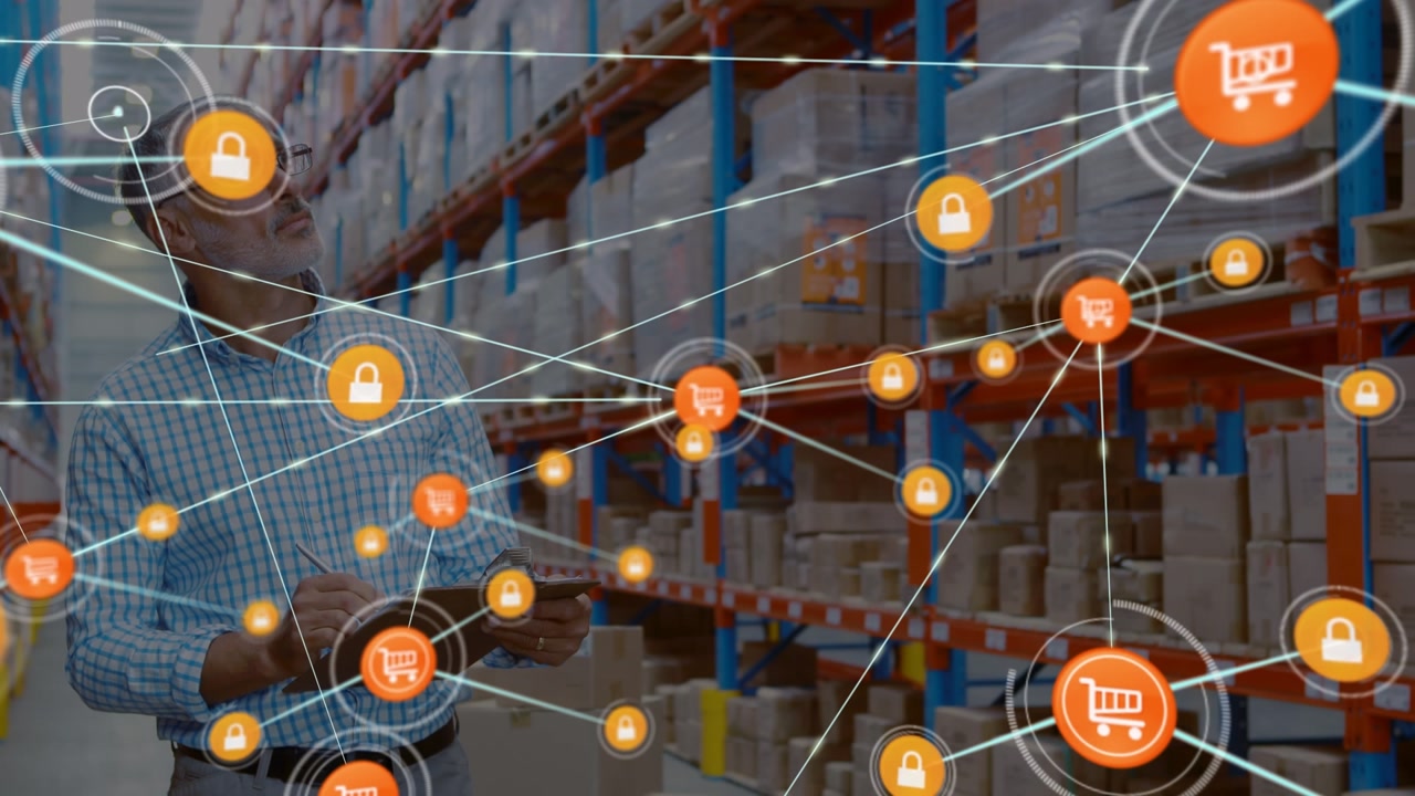 Animation of network of connections with icons over caucasian senior male warehouse worker