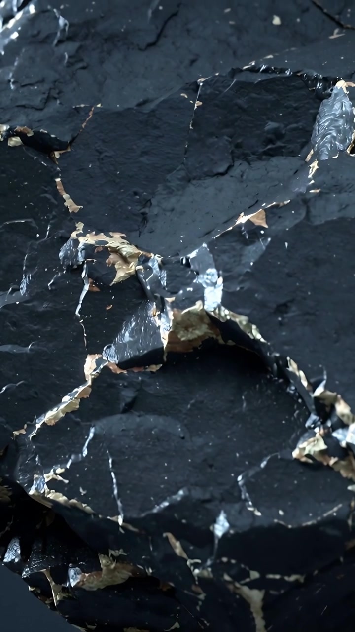 Video verticale: Telecamera che si sposta rivelando una superficie scura e crepata in galleria, evidenziando venature dorate.