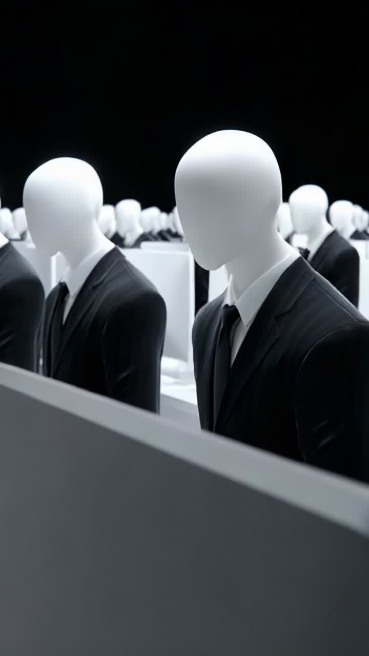 A Surreal Assembly of Faceless Business Figures Engaged in Digital Tasks in a Minimalistic Workspace Featuring Monitors and Uniform Attire