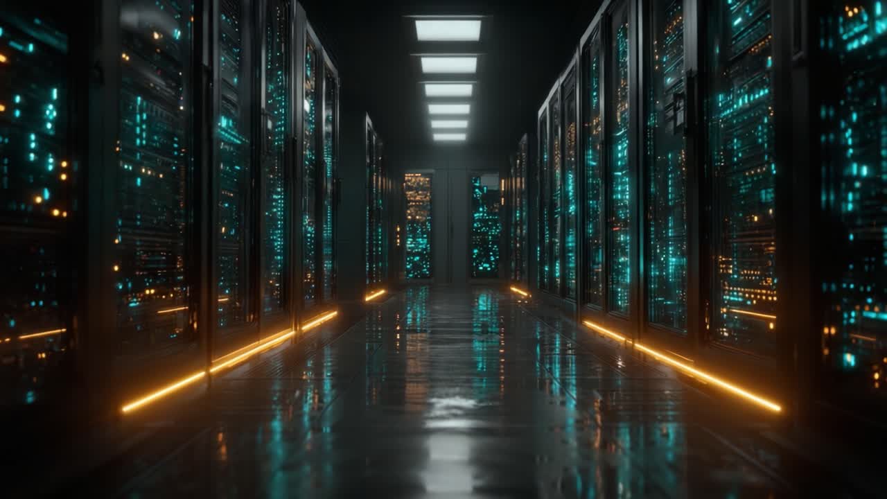 An Enigmatic Journey through a High-Tech Data Center, Illuminated by Shimmering Lights and Reflective Surfaces, Showcasing Modern Server Racks and Subsequent Visual Depth