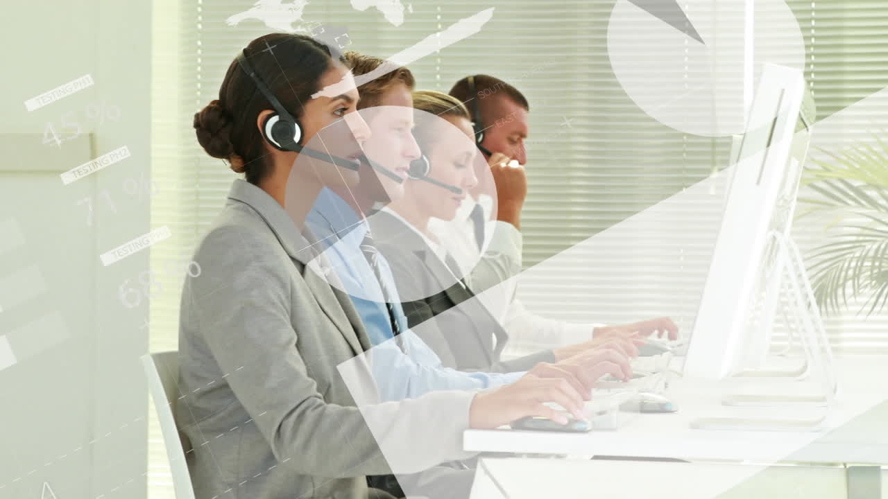 휴대폰 헤드 ⁇ 을 착용한 사업가들에 대한 통계 및 데이터 처리 애니메이션