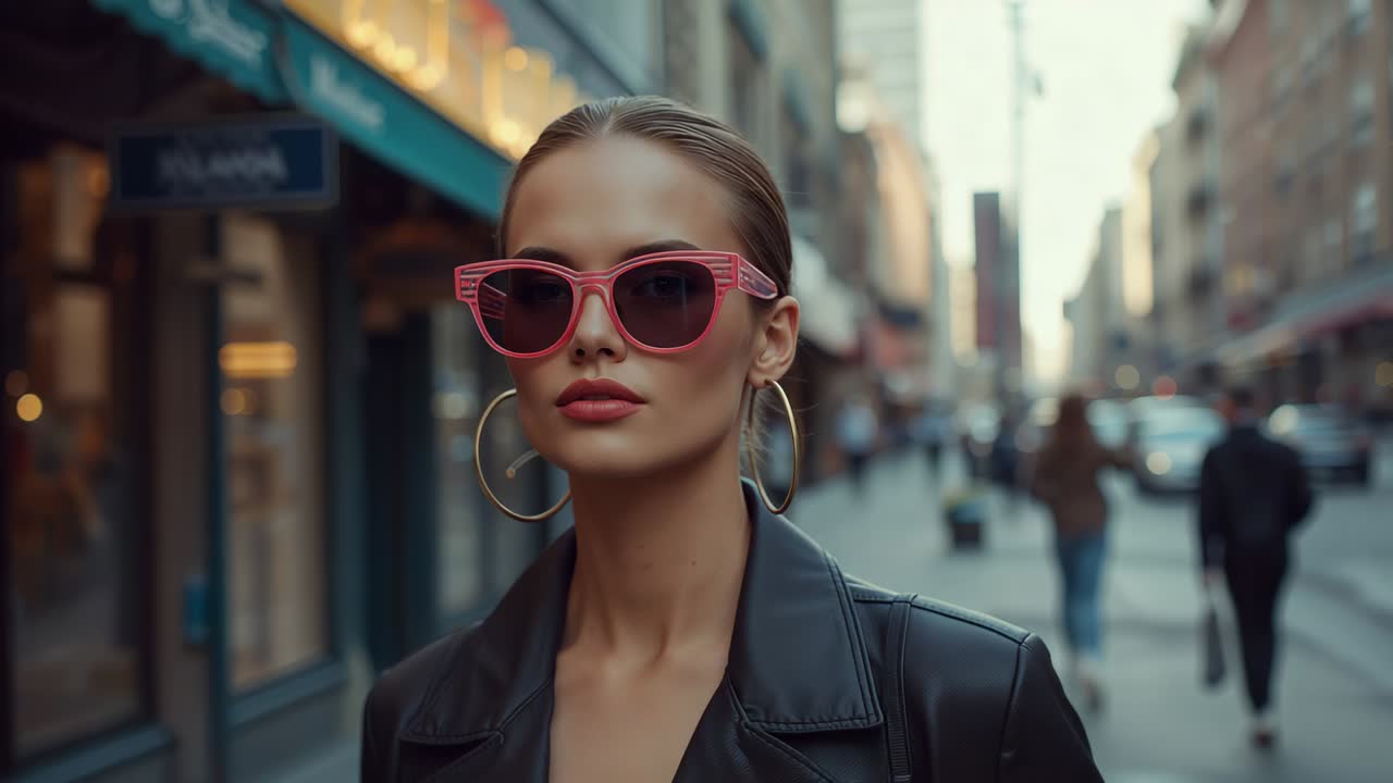 Stepping into frame, woman walking along sidewalk wearing pink sunglasses, passing storefronts
