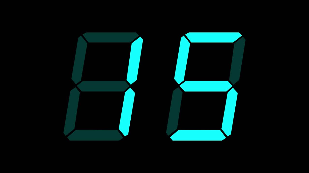 Cyan digital clockface with 2 digits. 30 seconds digital counter. Glowing Cyan digits on black background. Retro digital alarm clock animation element, digital clock on black background