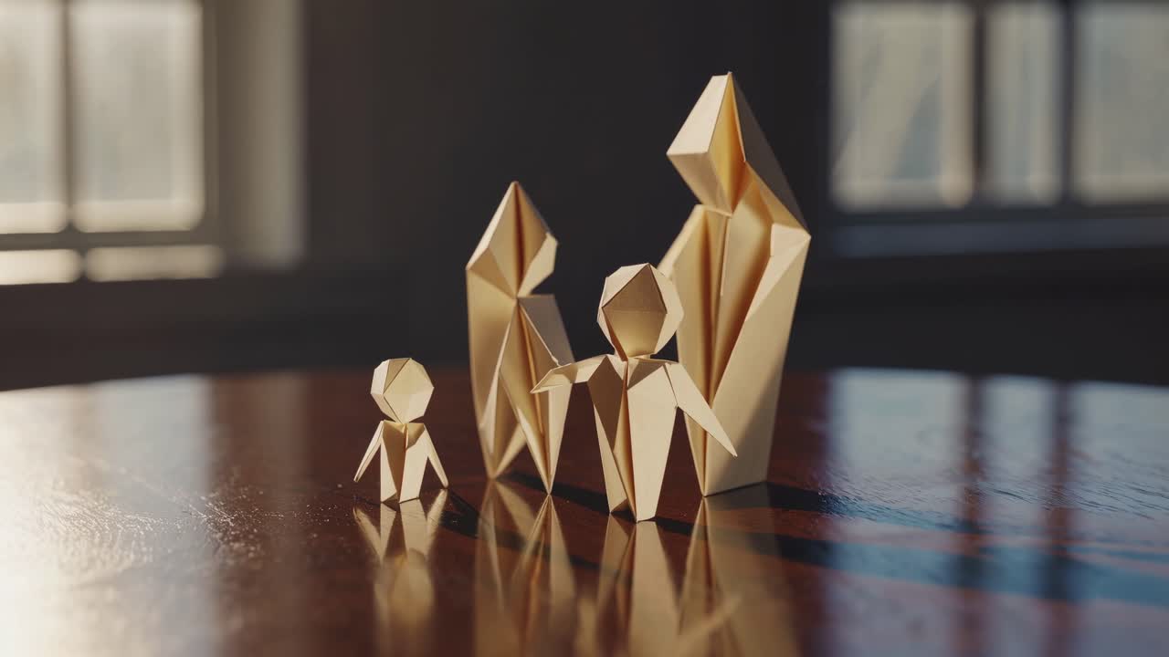 Paper figures representing a family are arranged on a wooden table, showcasing a gradual interaction and connection among them in a warm, inviting atmosphere
