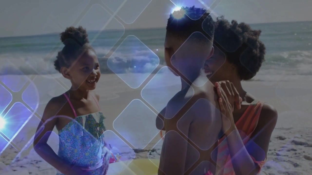 Vertical video: Mom touching boy's back, soothing son while blue diamonds sweeping frame for travel