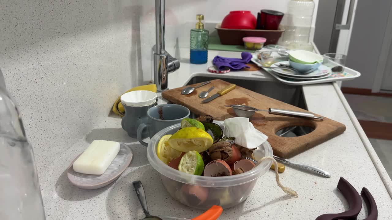 Establishing shot of a kitchen sink area with dishes and utensils, showing cluttered countertop before washing begins