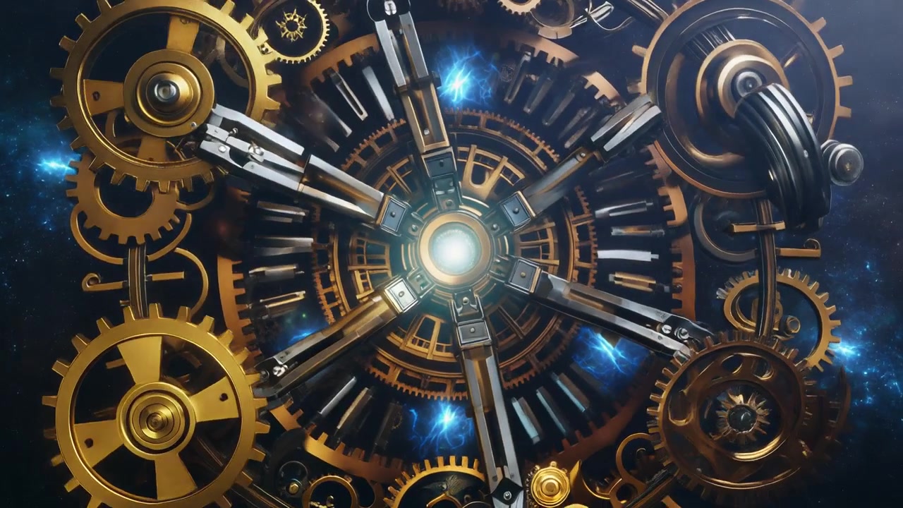 Intricate Golden Clockwork Gears Rotating Against a Cosmic Background