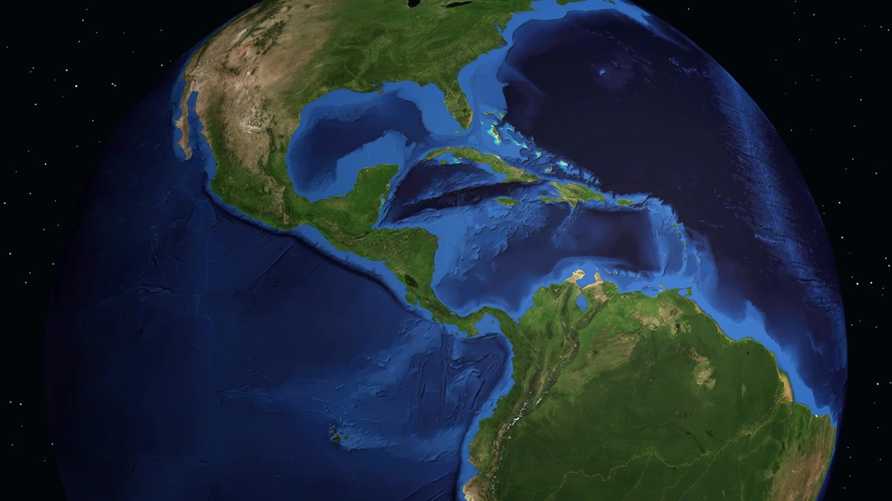 Uma animação digital faz um zoom do espaço sideral para a Terra, focando na Cidade da Guatemala, Guatemala.