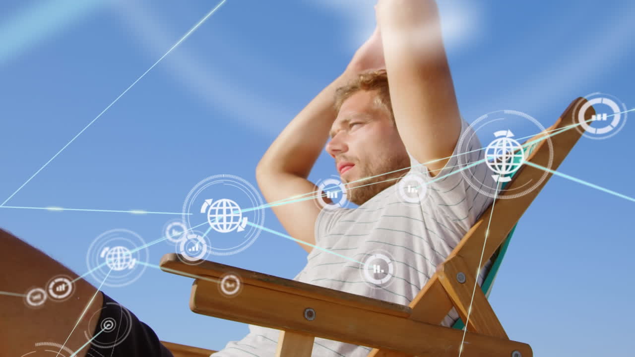 해변에서 행복한 남자에 대한 연결 네트워크의 애니메이션