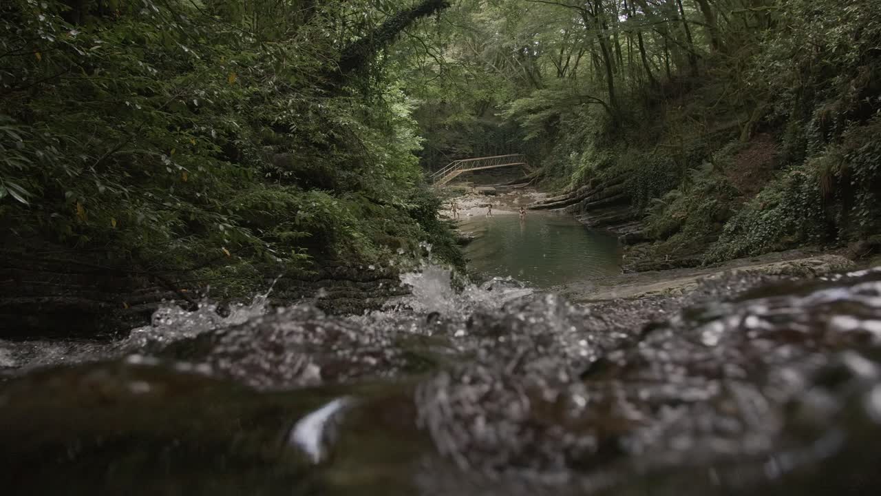 Forest Waterfall with People