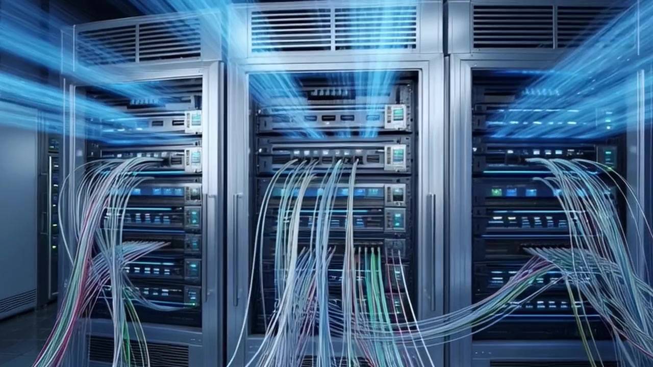 Data Center Server Racks with Glowing Fiber Optic Cables