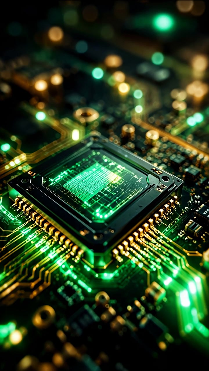 Close view advances toward a square processor mounted on an electronic board, revealing metallic contacts and luminous green traces amid warm golden highlights and shallow focus.
