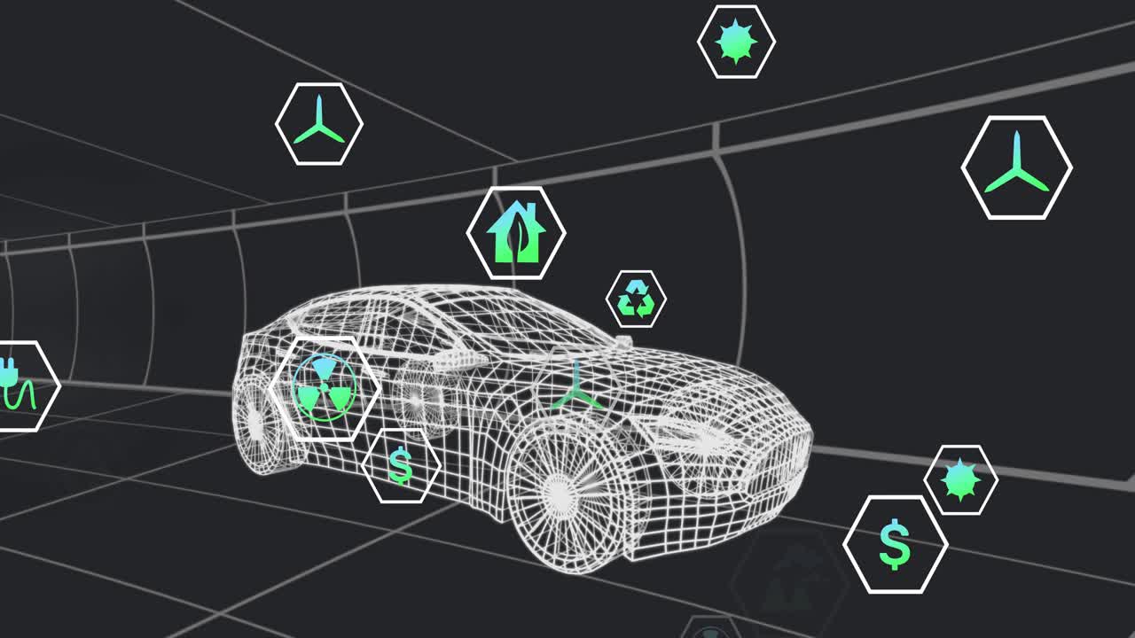 Wireframe car emerging in tunnel, green hexagon icons moving around sedan showing energy costs