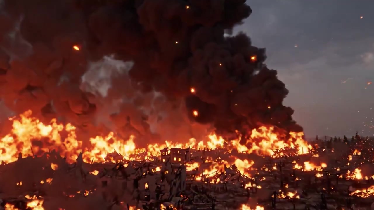 Una scena drammatica di devastazione diffusa mentre fiamme feroci inghiottono il paesaggio, illuminando il cielo notturno con colori intensi e proiettando ombre sui resti carbonizzati