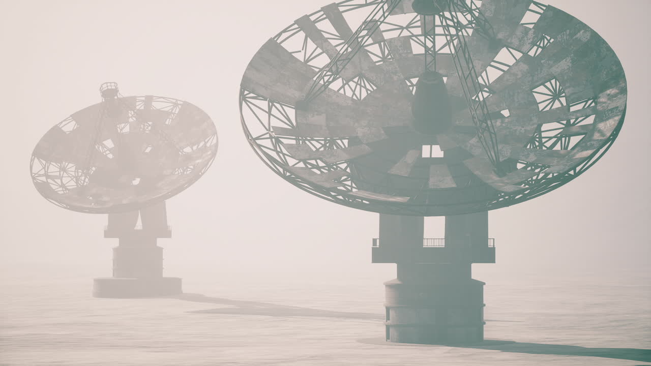 Paesaggio nebbioso con grandi antenne paraboliche che dominano un vasto territorio
