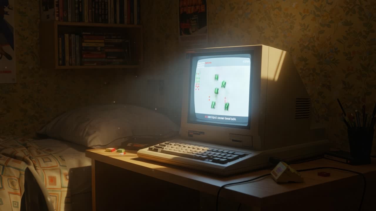 A Nostalgic Glimpse into a Retro Bedroom with a Classic Computer Displaying Vintage Graphics Amidst a Cozy, Book-Laden Environment